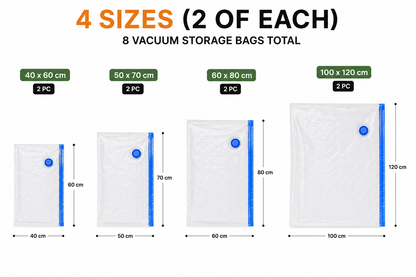Vacuum Storage Bags – 8 Pack, 4 Sizes, Space Saver Storage Bags for Clothes, Bedding and Travel